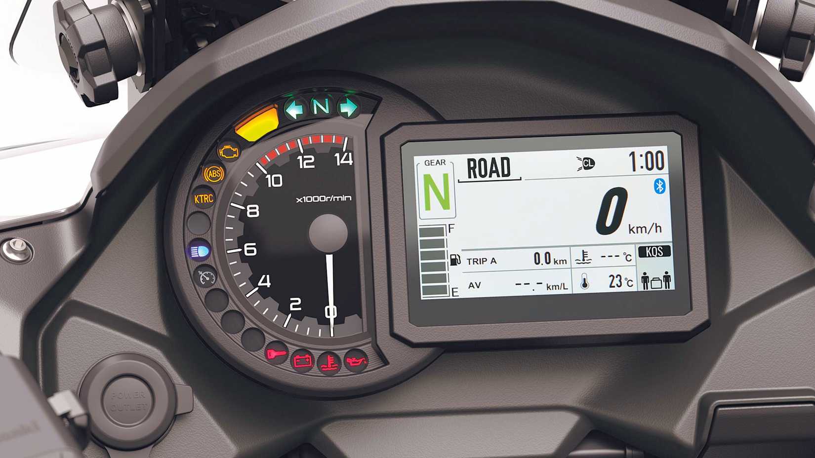 Detalhe de close-up da instrumentação da Kawasaki Versys 1100 SE LT 2025