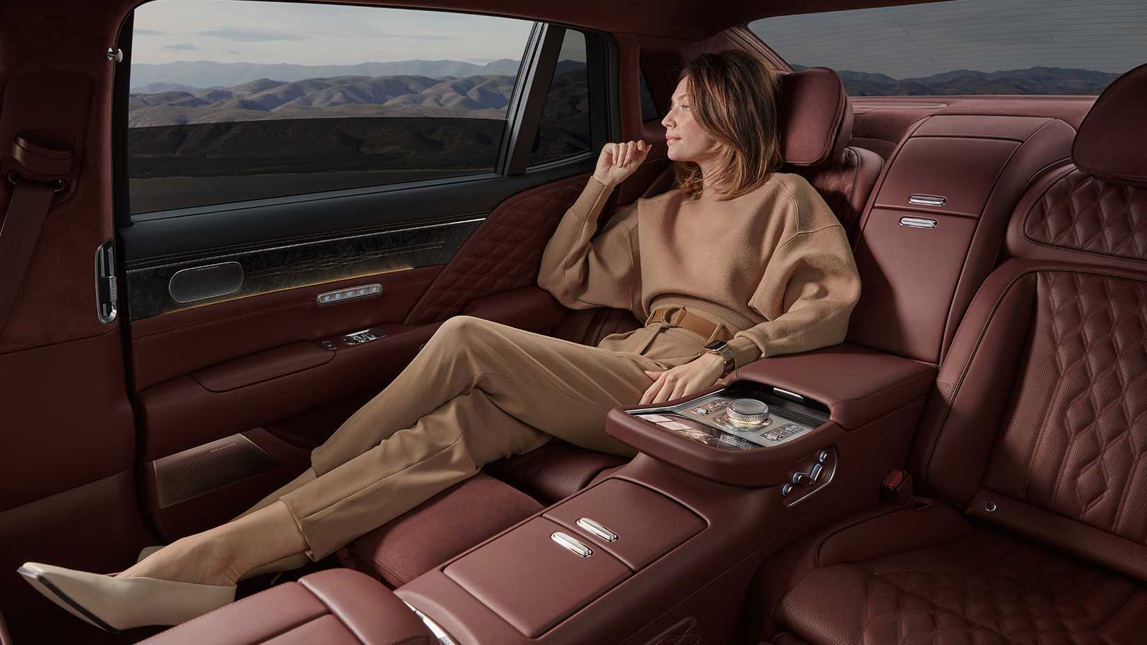 The rear seats of a 2024 Genesis G90 Long Wheelbase