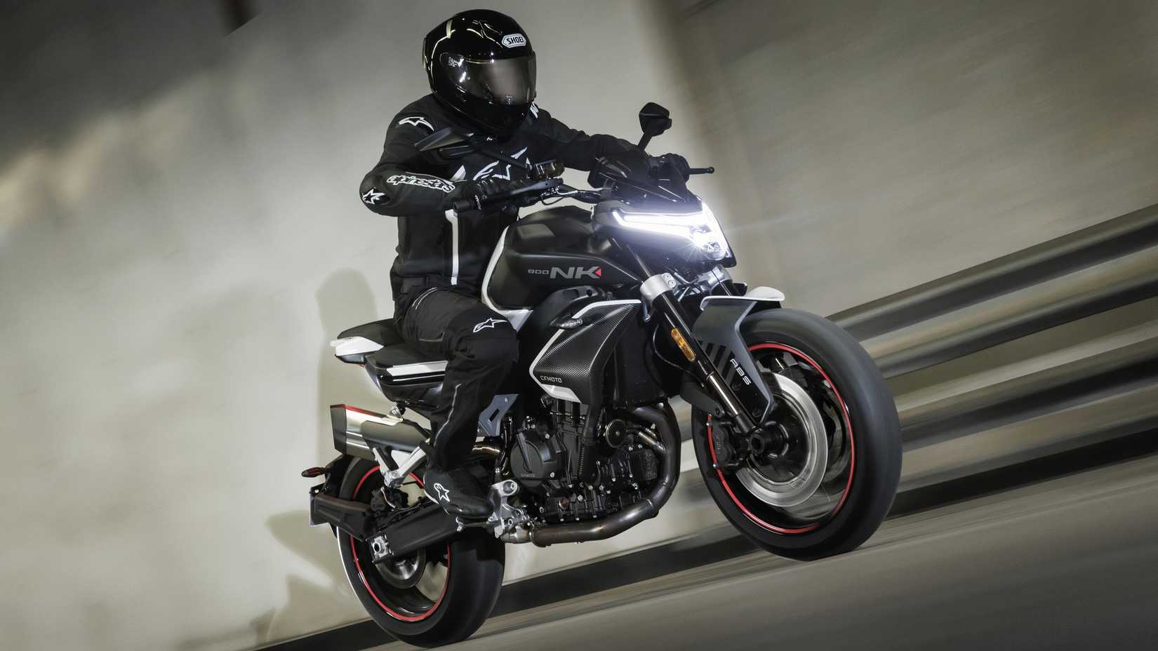 CFMoto 800NK naked sports bike accelerating view