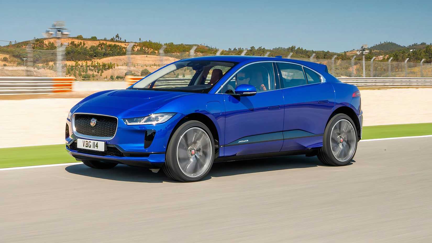 A three-quarter shot of the left side of the front of a 2023 Jaguar I-Pace