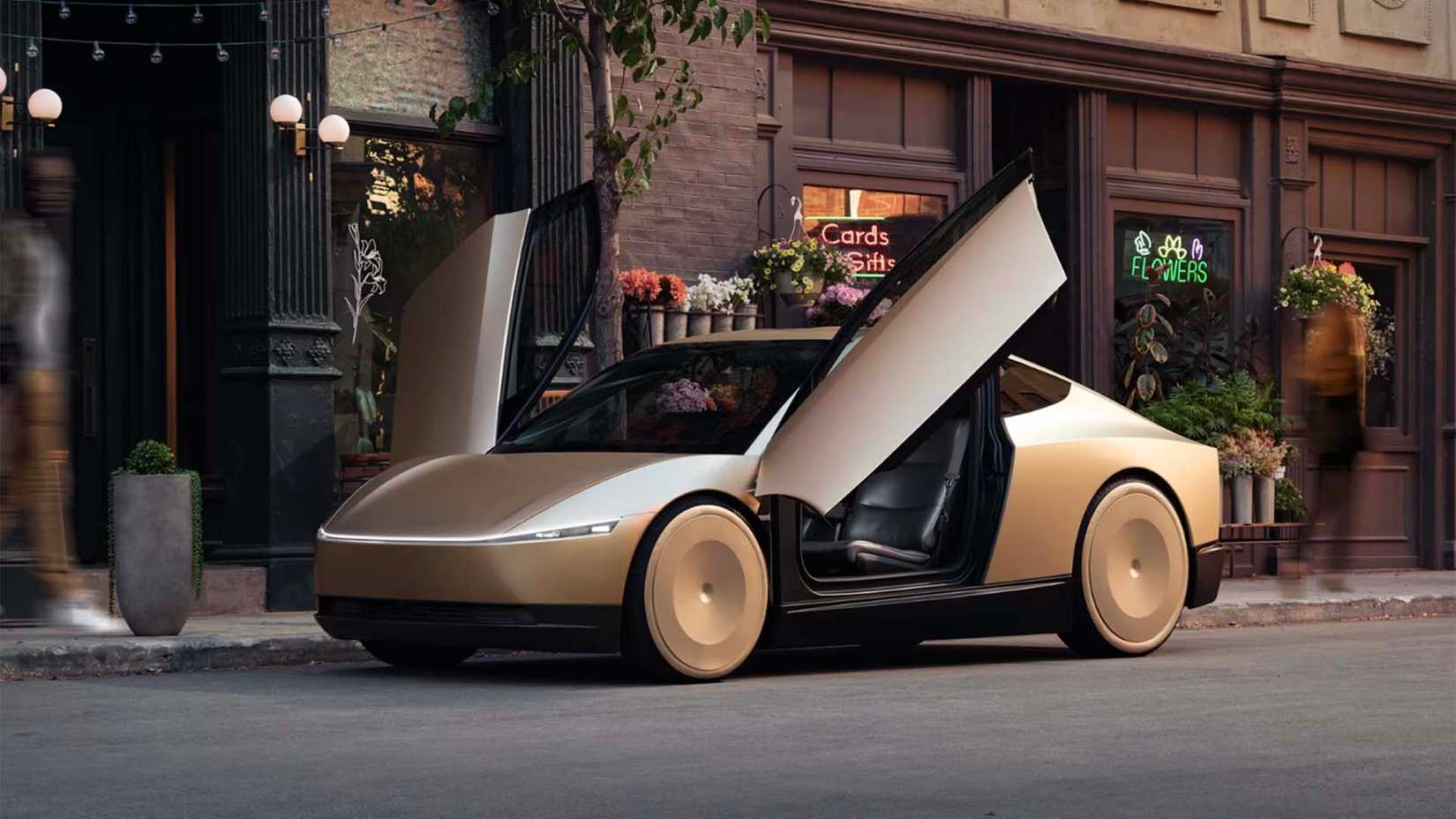 Vista frontal 3/4 de um Tesla Cybercab com suas portas em forma de asa de gaivota