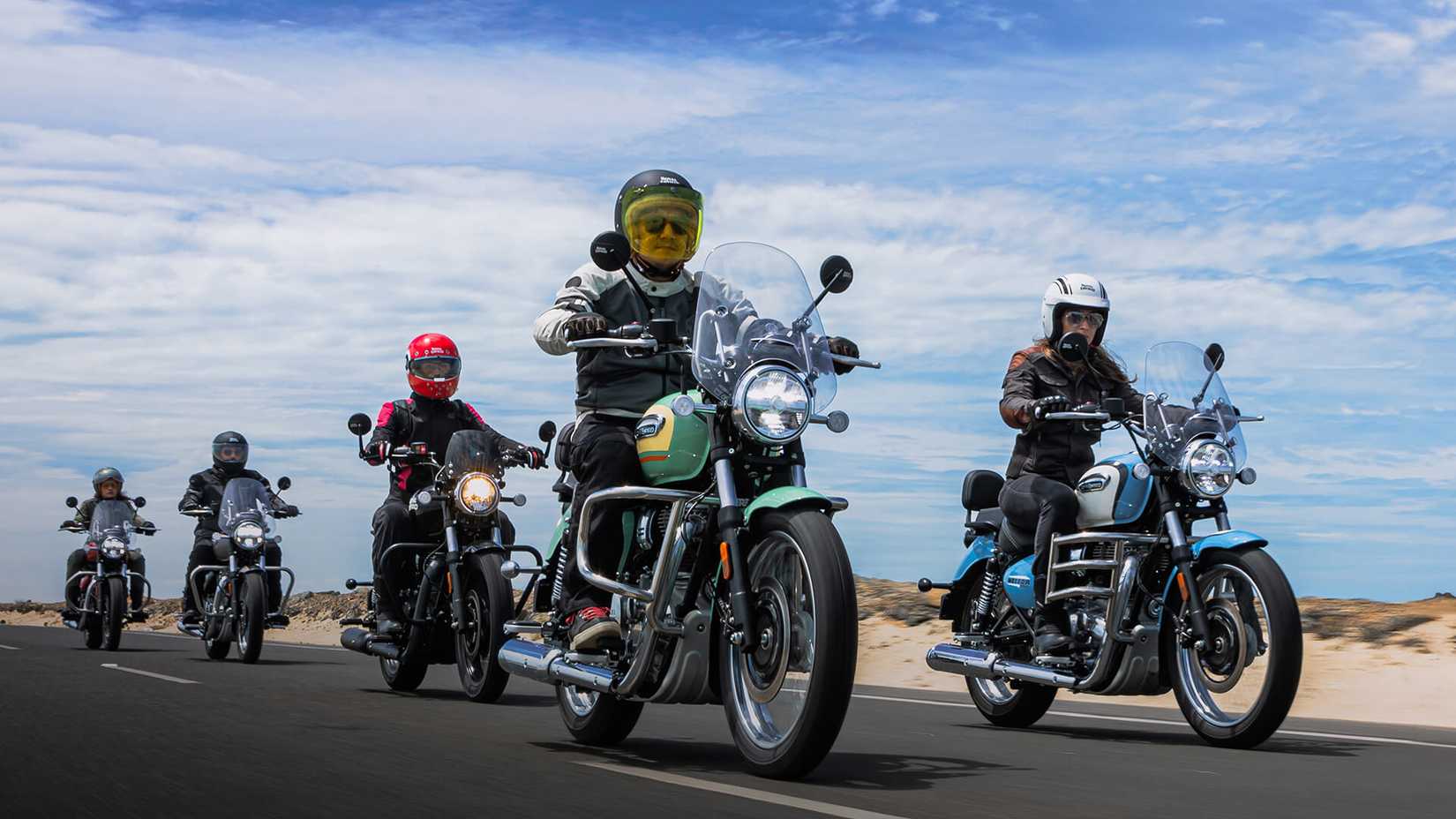 A pack of riders on Royal Enfield Meteor 350 motorcycles