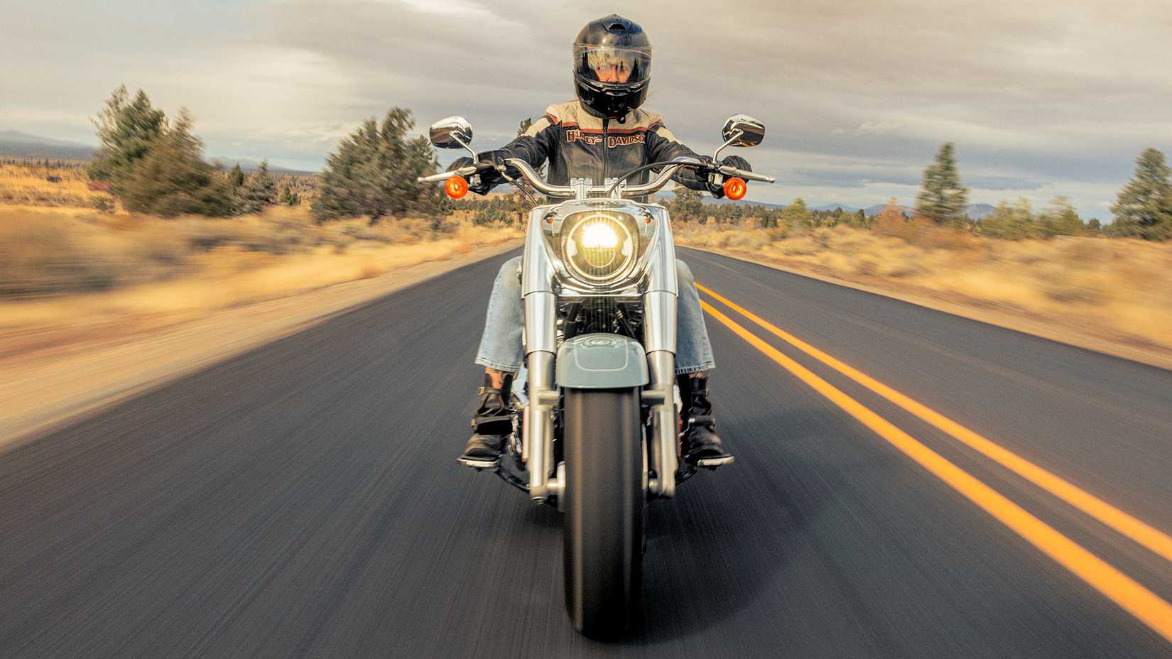 Rider on a 2024 Harley-Davidson Fat Boy 114 head-on shot