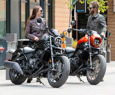 Pilotos ao lado de um par de motocicletas Honda Rebel 1100 2025