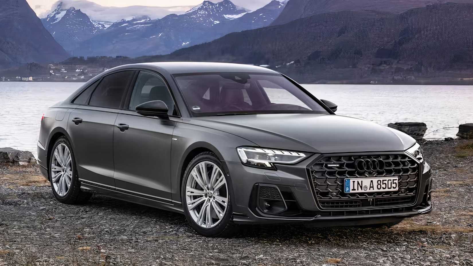 Audi A8, vista frontal, cinza