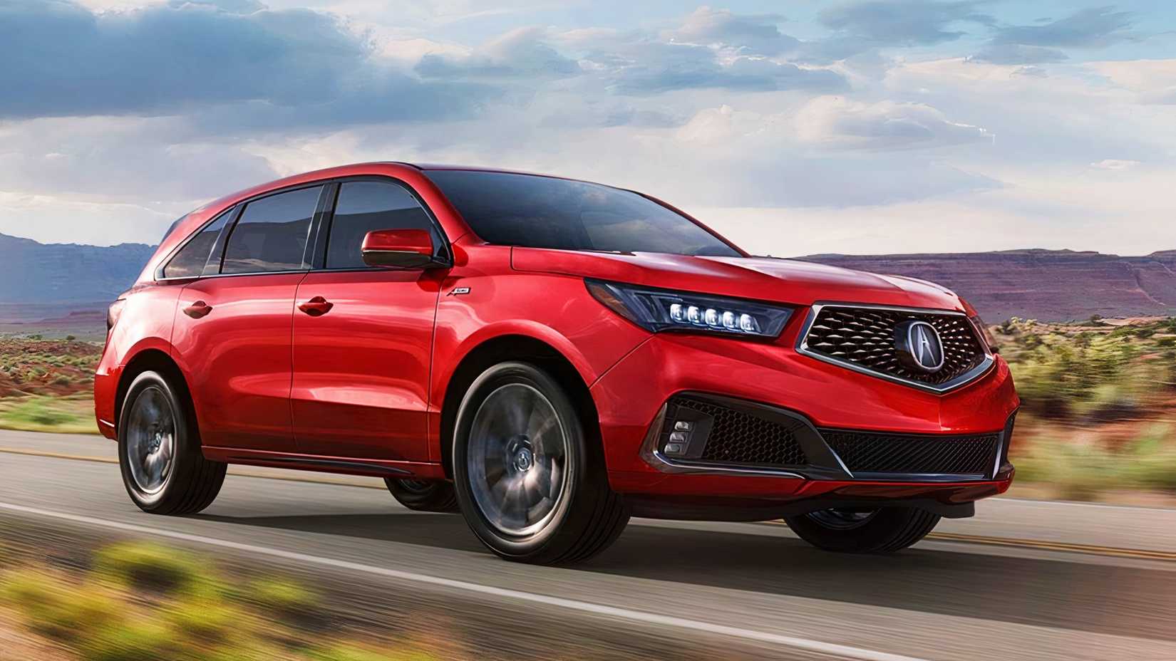 A red 2019 Acura MDX Hybrid midsize hybrid SUV. 