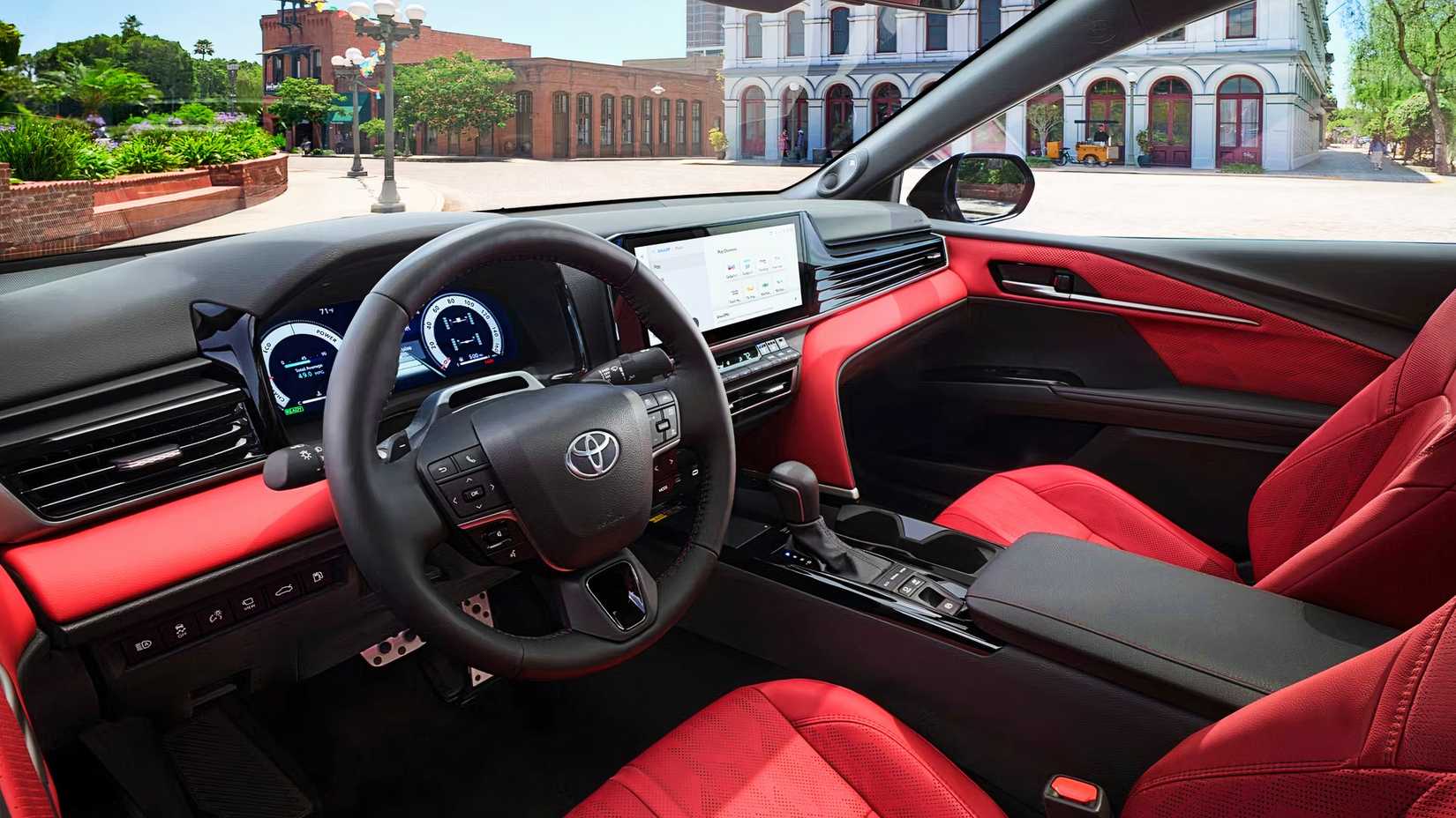 O interior de um sedã híbrido Toyota Camry 2025.