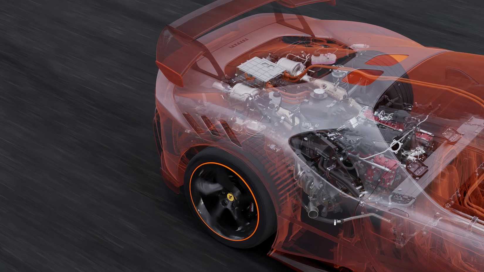 Ferrari SF90 XX Stradale, closeup of rear section - cross section with engine