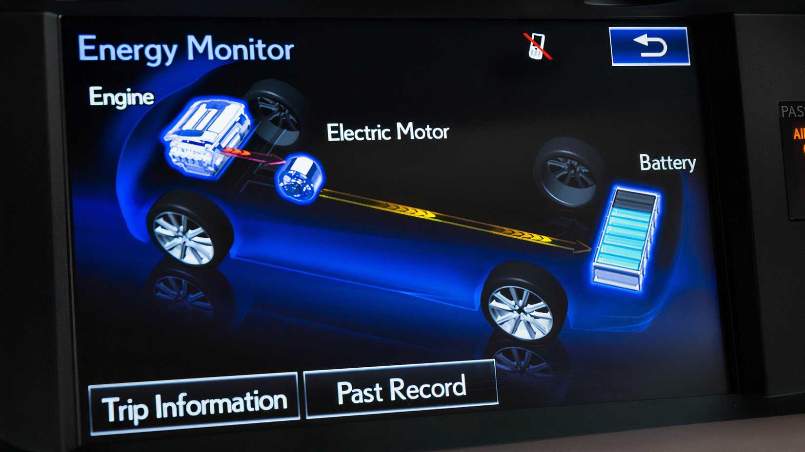 Foto detalhada de um Lexus ES 300h 2016 mostrando o gráfico do display de informações do sistema híbrido em funcionamento