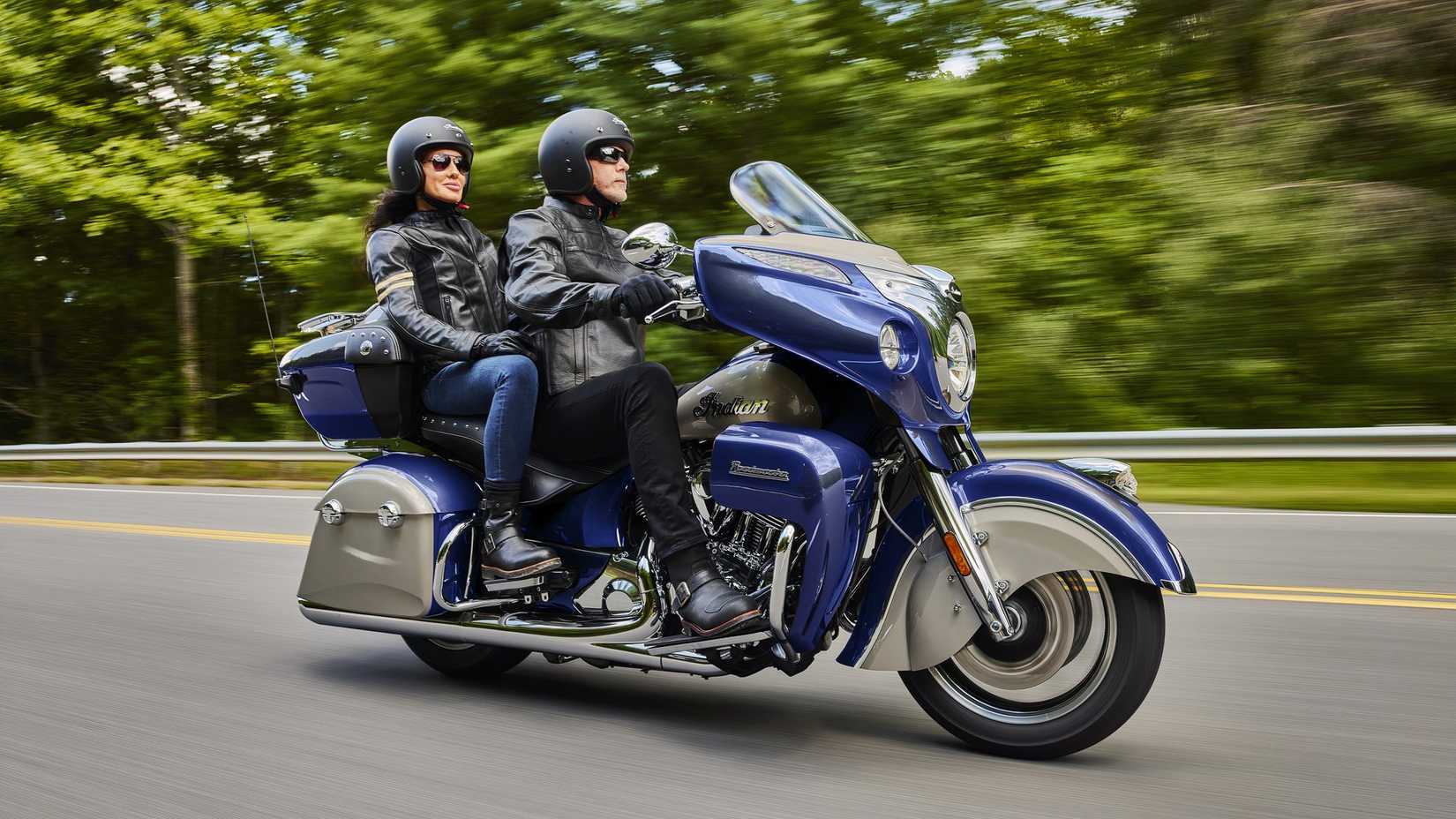 Indian Roadmaster in blue front third quarter rolling view