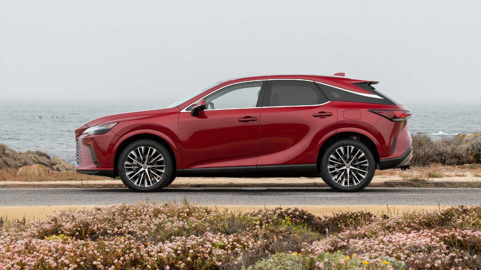 Side profile shot of a red 2025 Lexus RX 350h Premium AWD