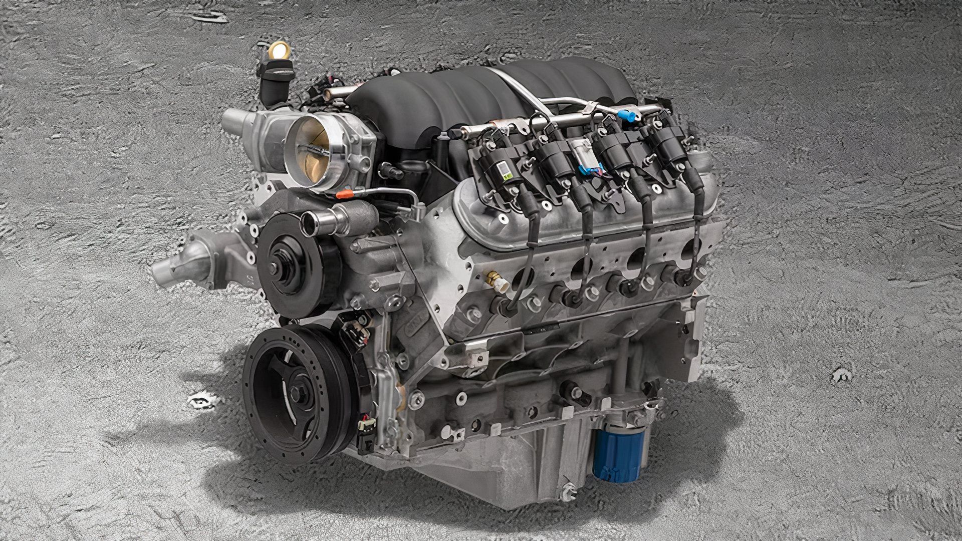 Chevrolet modern LS3 crate engine (standard), closeup of block