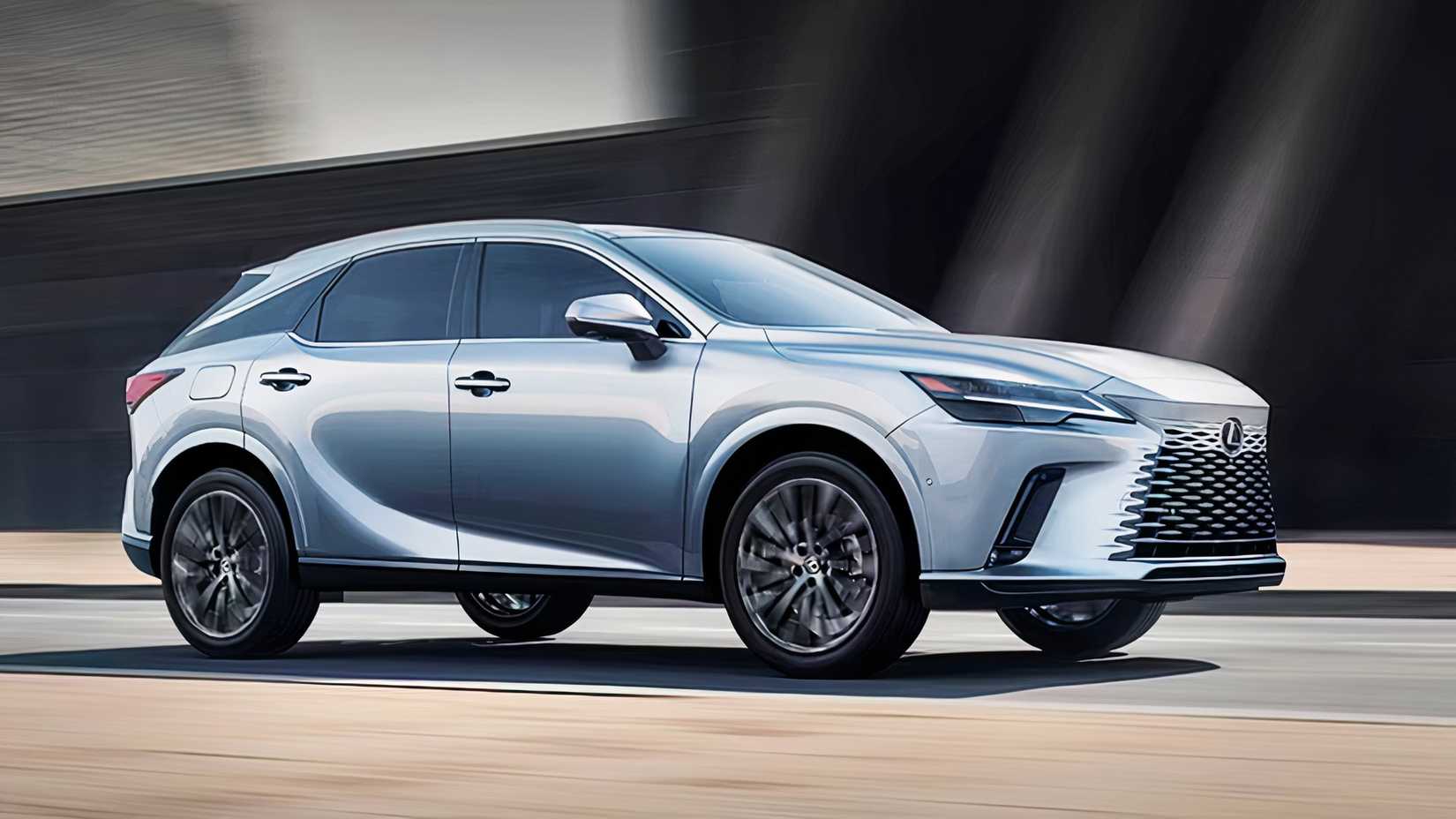 A gray 2025 Lexus Plug-In Hybrid SUV is driving. 