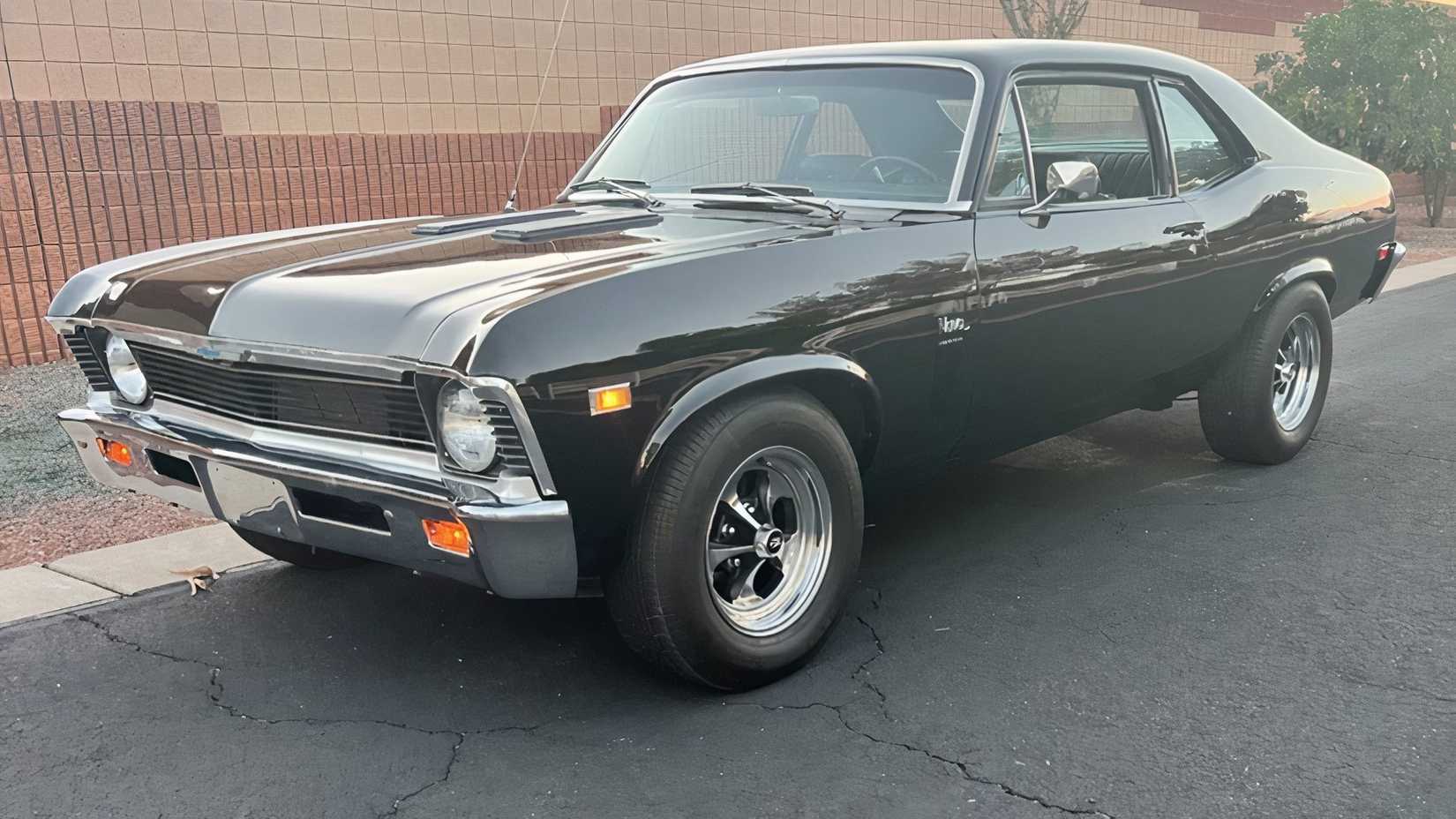 3/4 front view of black 1969 Chevrolet Nova