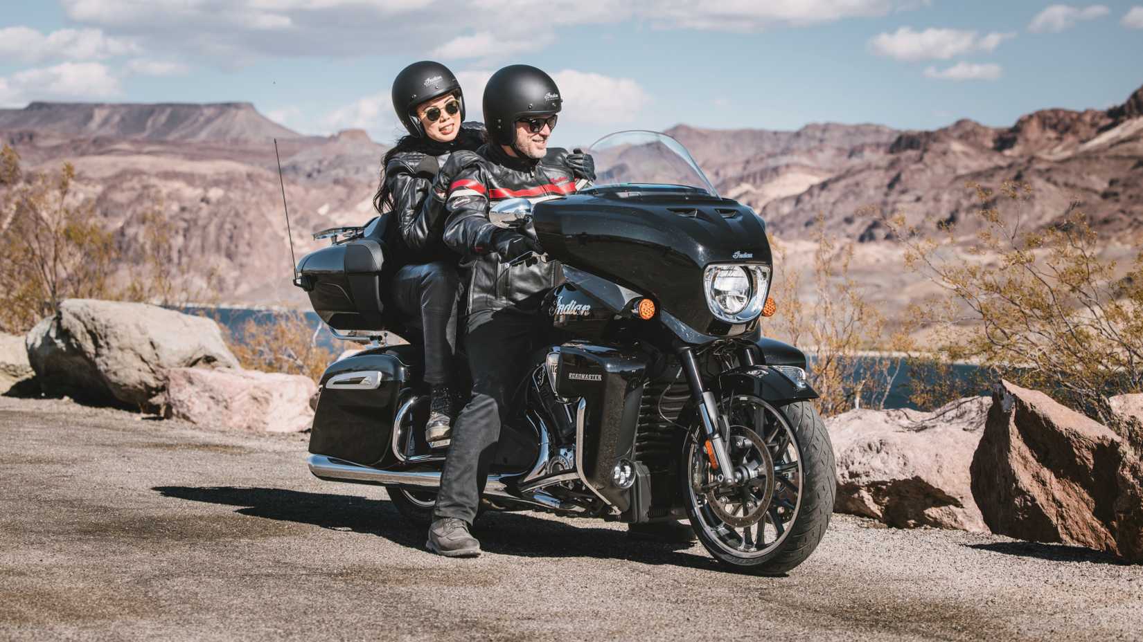 Indian Roadmaster PowerPlus 112 on the road front third quarter view