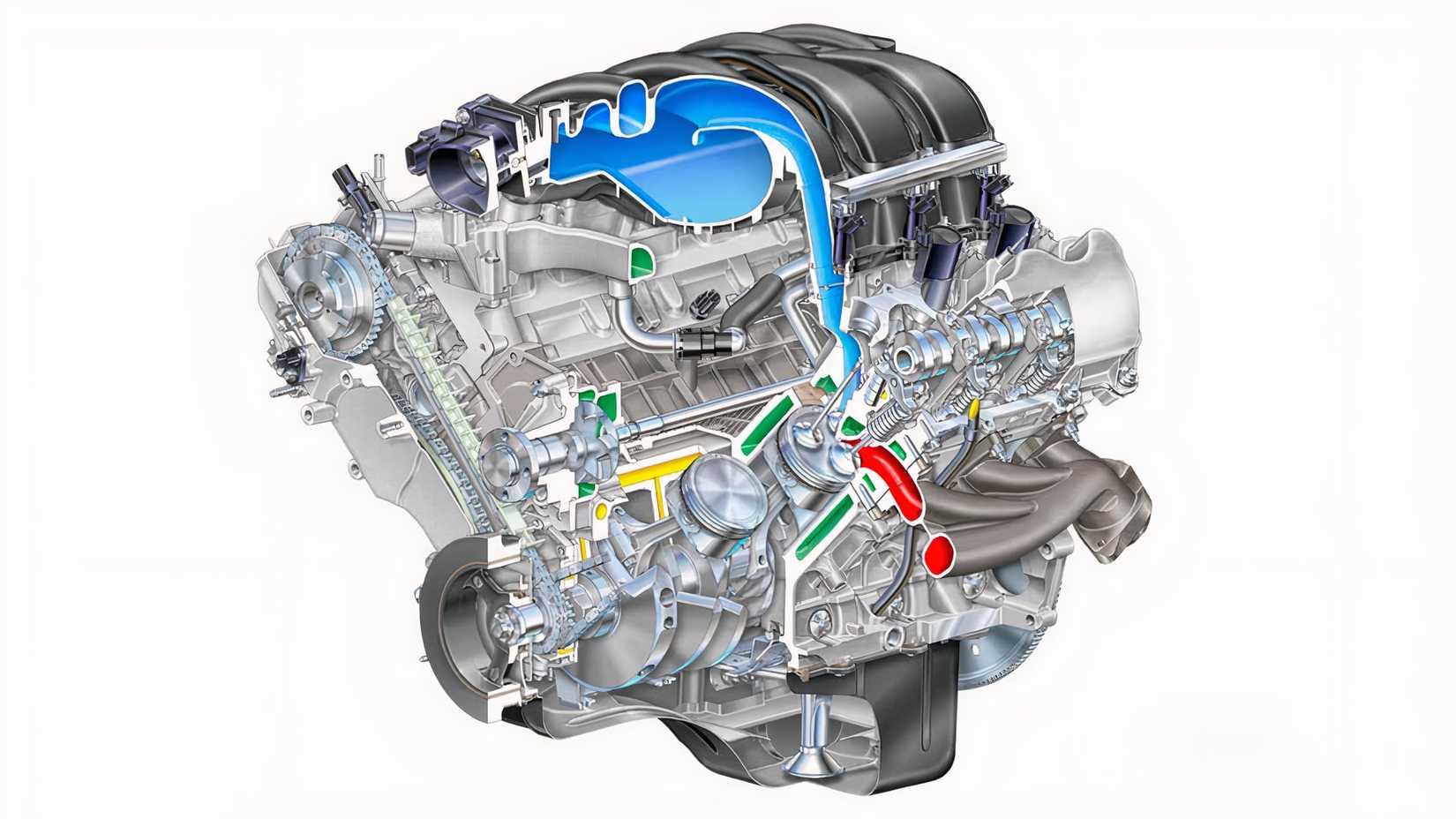 Ford Modular enigne closeup diagram, white background