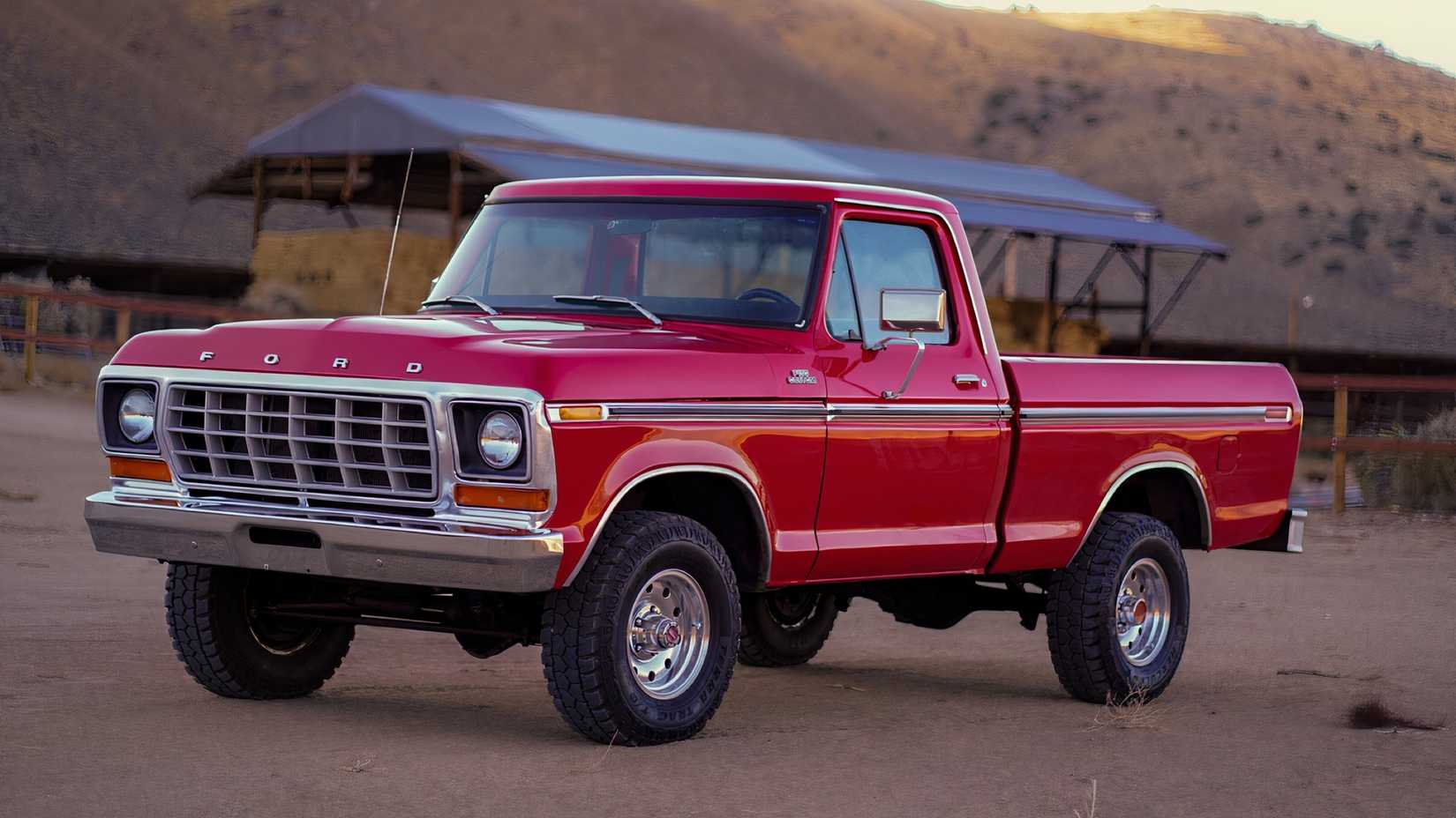 1978 Ford F-150 in red parked off-road