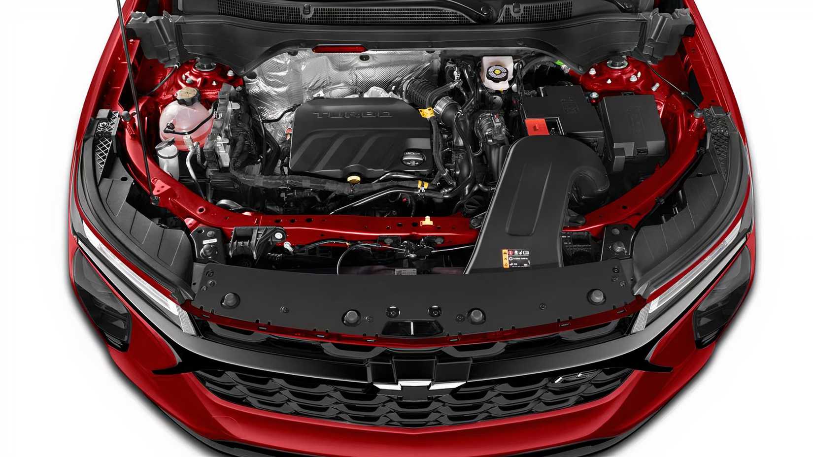 Compartimento do motor Chevrolet Trax SR2 2025 mostrando três em linha turboalimentado de 1,2 litro