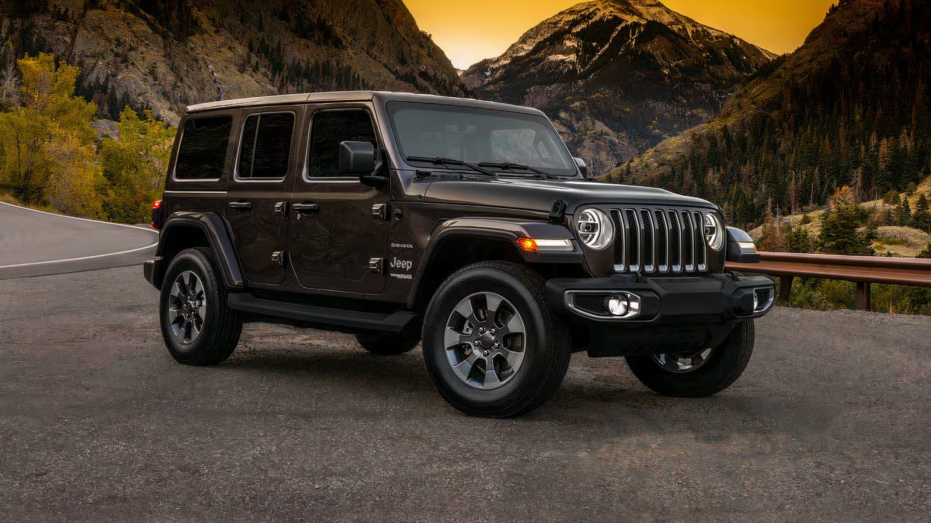 2020 Jeep Wrangler Unlimited Sahara em preto estacionado na estrada