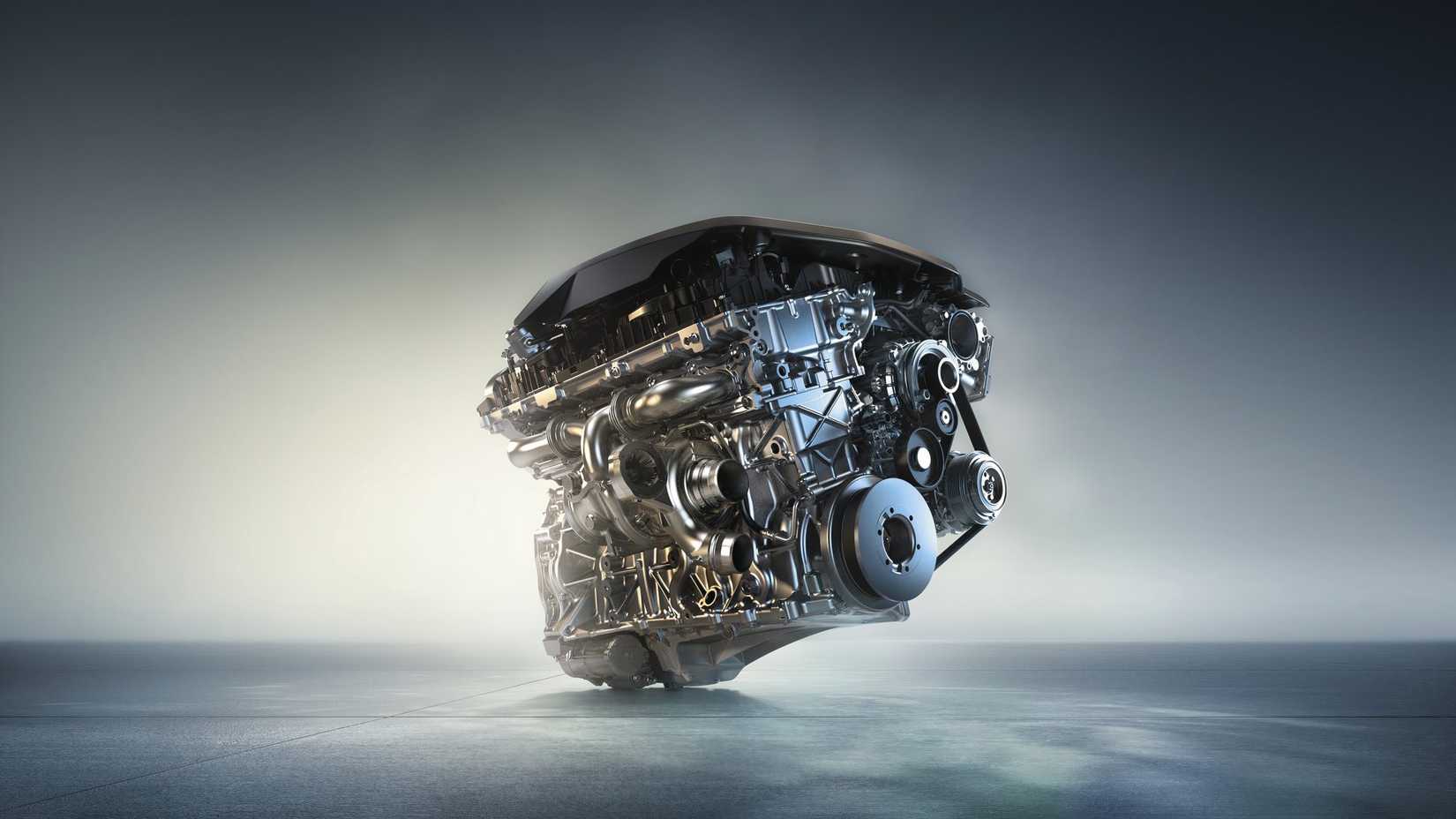 Motor B58 BMW, close do bloco em fundo estilizado