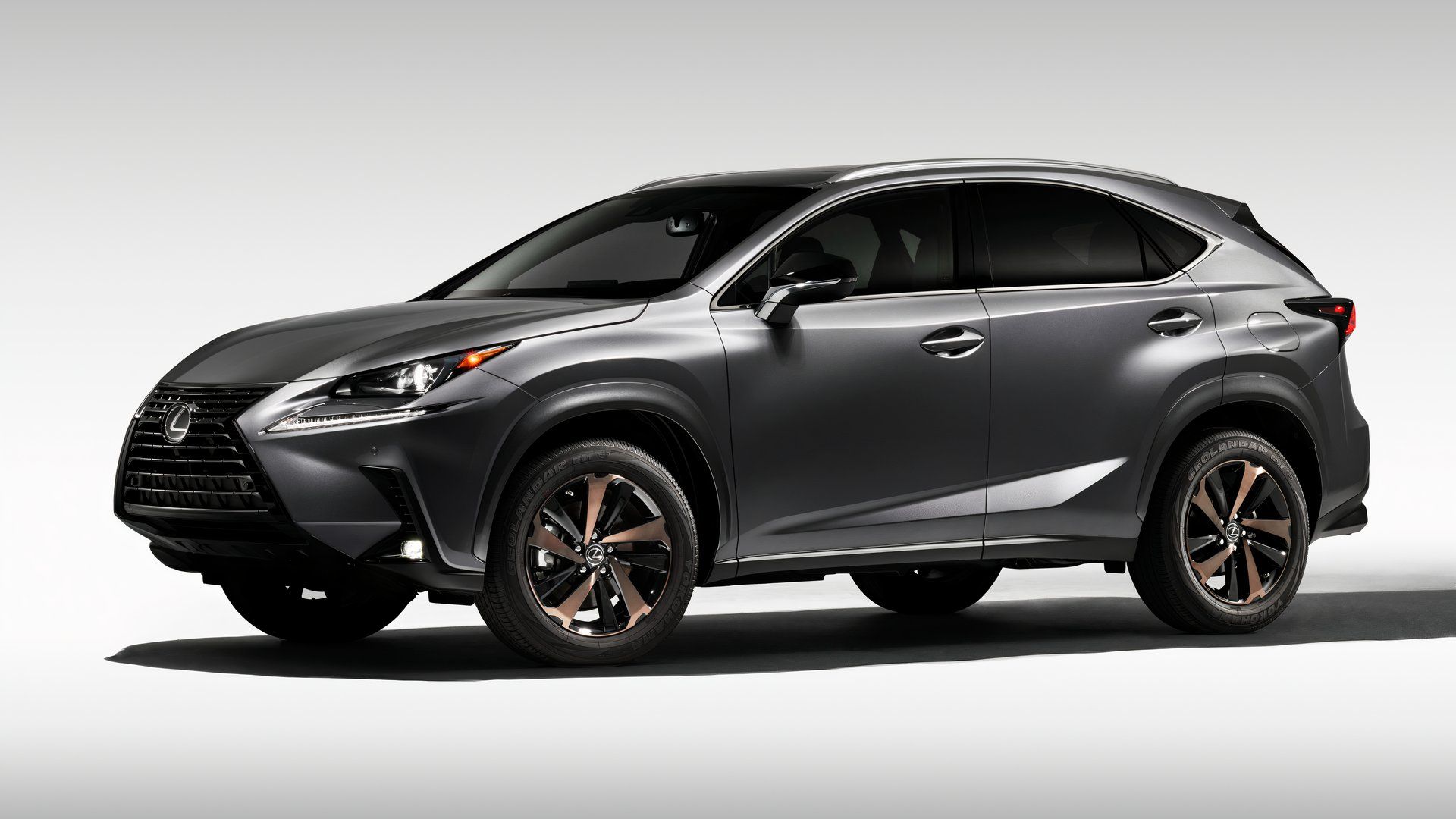 Front three-quarters shot of a silver 2020 Lexus NX Black Line