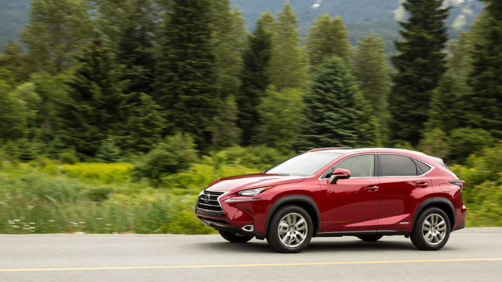 2020 Lexus NX 300h Driving Down The Road Past Forests