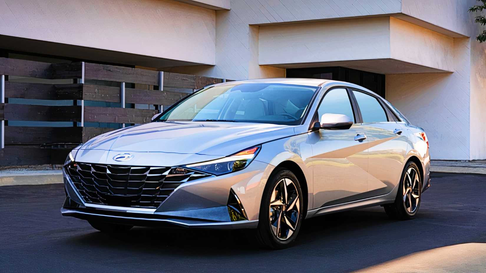A gray 2022 Hyundai Elantra Hybrid small hybrid sedan. 