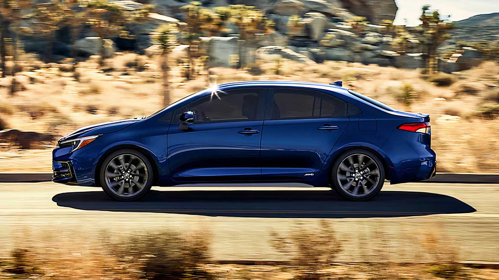 A blue 2025 Toyota Corolla Hybrid is driving on the road.