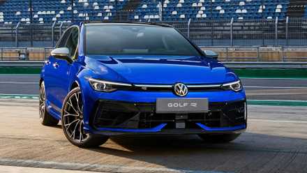 2025 Volkswagen Golf R in Blue parked on racetrack
