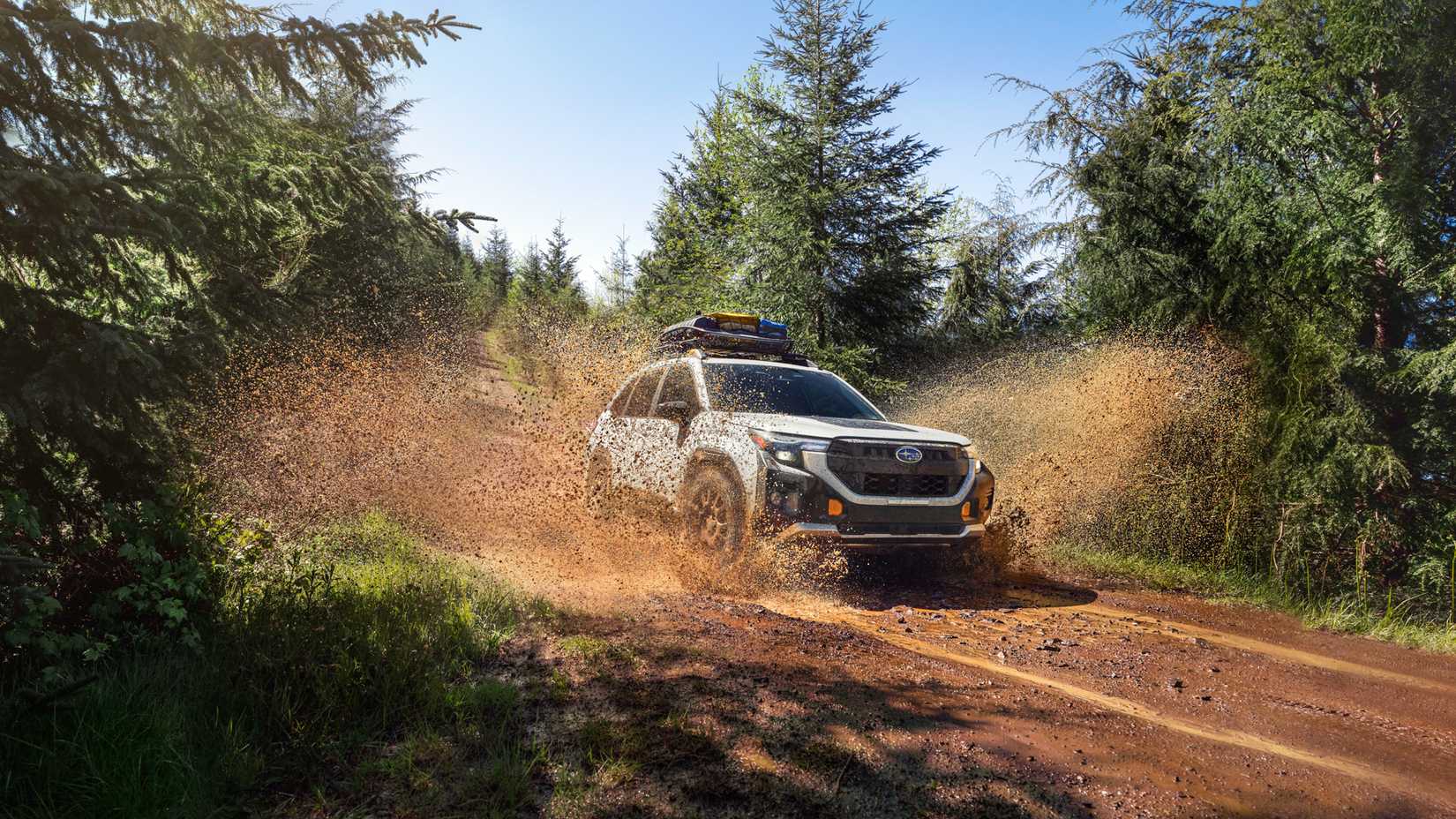 Foto frontal do Subaru Forester Wilderness 2026 dirigindo off-road