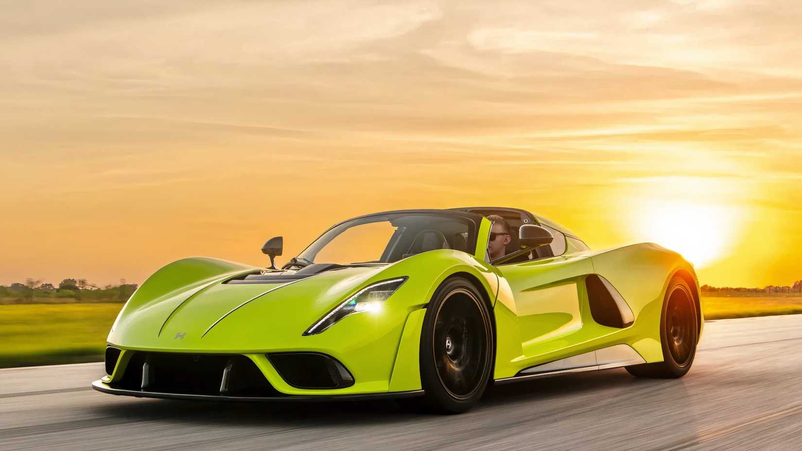 Hennessey Venom F5 in Banner Green driving on runway