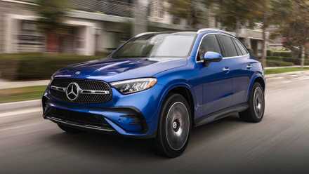 2025 Mercedes-Benz GLC-Class GLC 350e 4MATIC in blue driving on city road