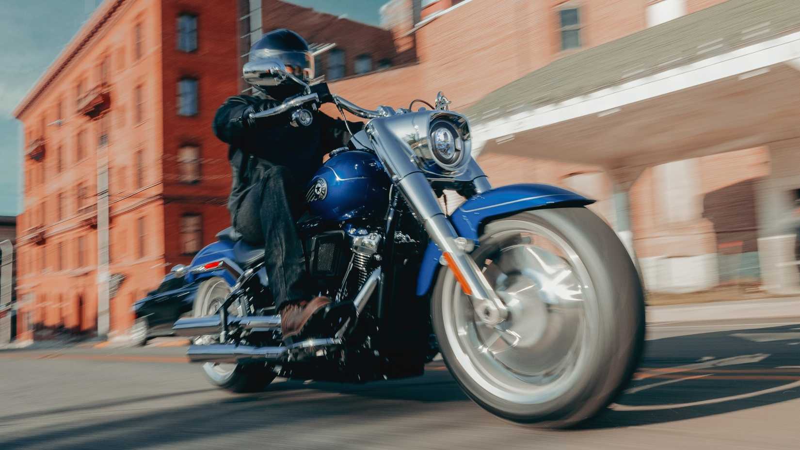 2025 Harley-Davidson Fat Boy accelerating front third quarter view