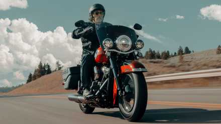 Visão acelerada do terceiro quarto dianteiro da Harley-Davidson Heritage Classic 2025