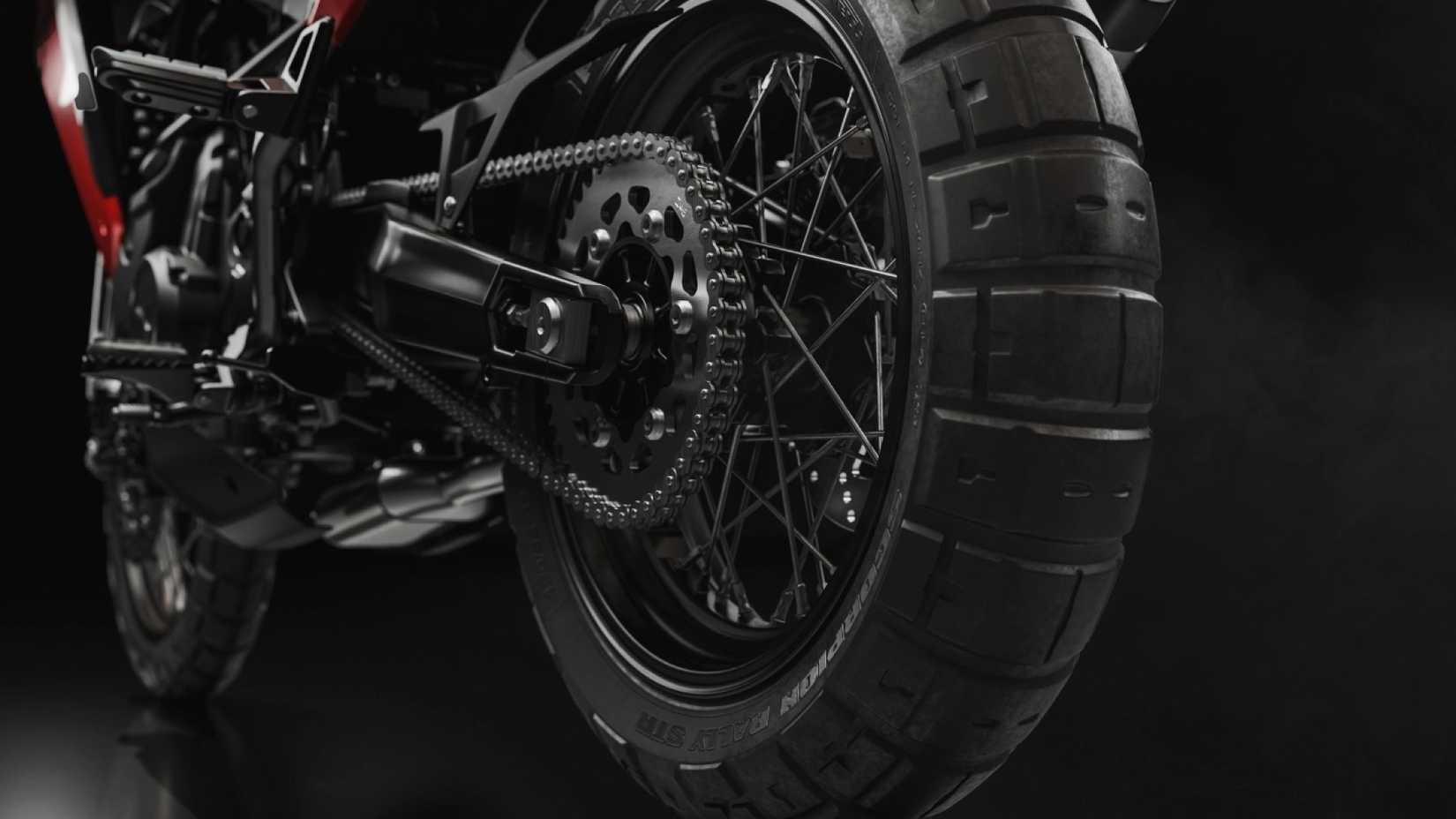 2025 Moto Morini X-Cape 700 wider rear tire with Pirelli Scorpion Rally STR tire