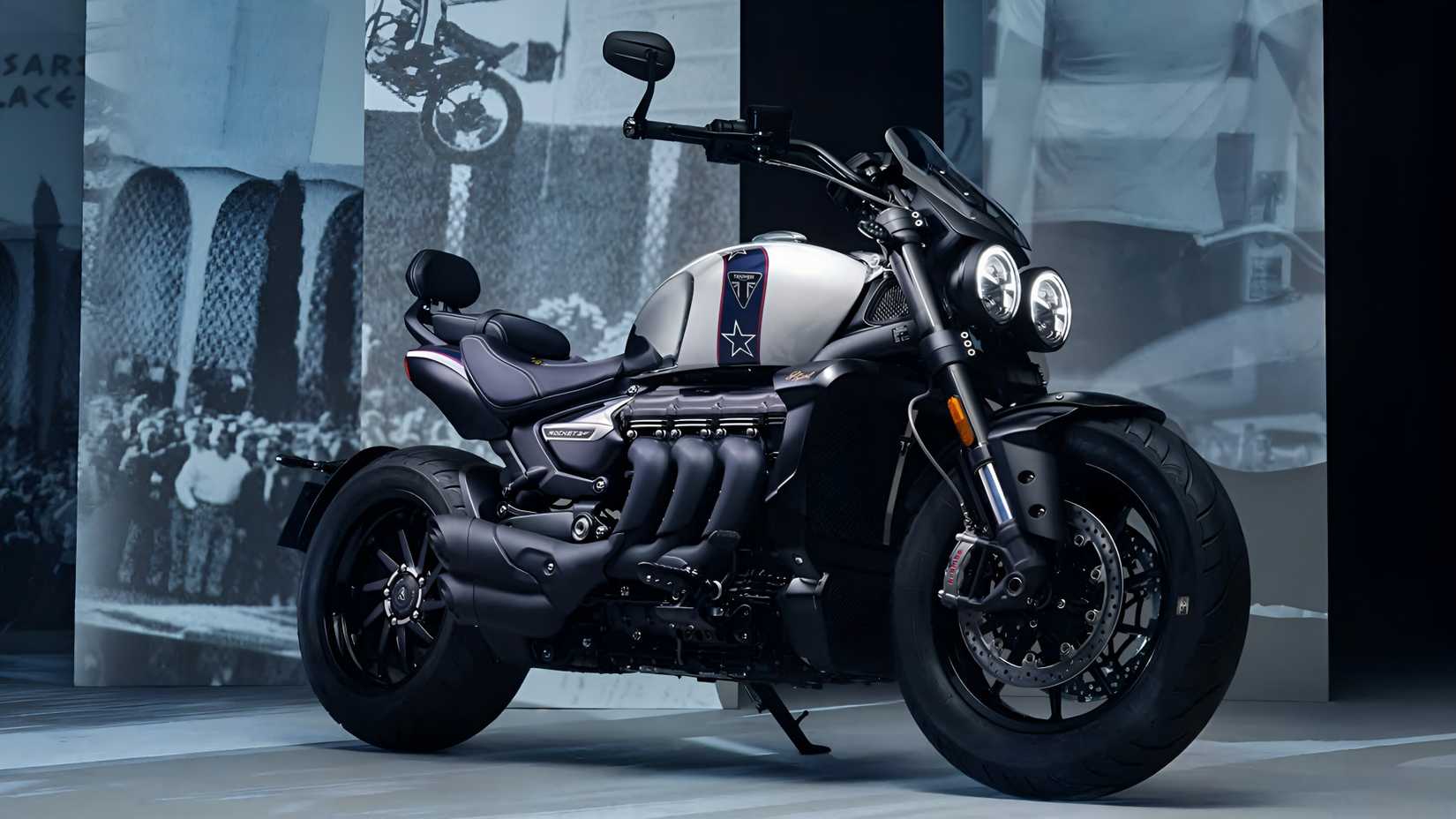 Triumph Rocket 3 GT Evel Knievel Limited Edition motorcycle parked front third quarter studio shot
