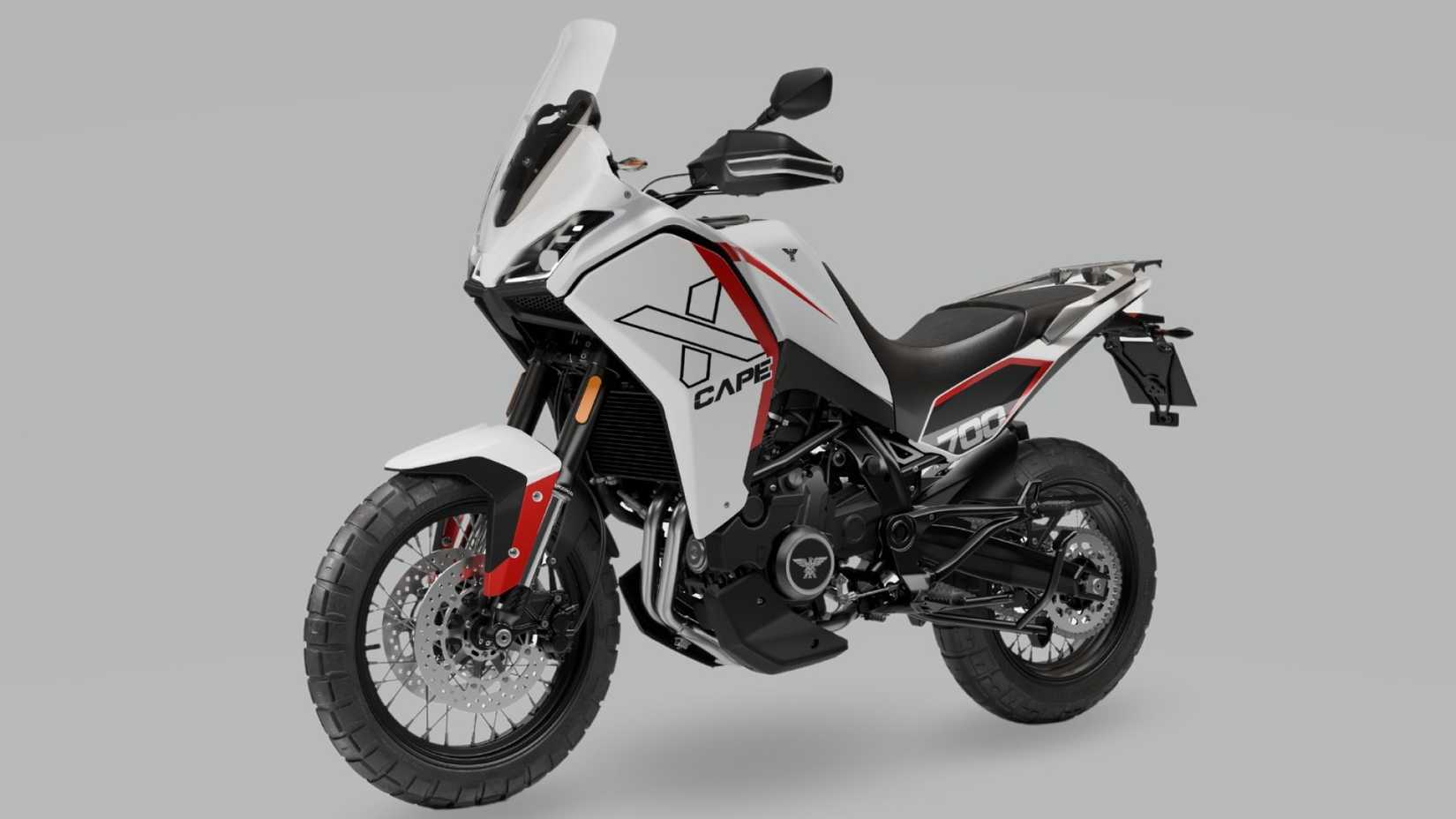 2025 Moto Morini X-Cape 700 em vista frontal branca do terceiro quarto