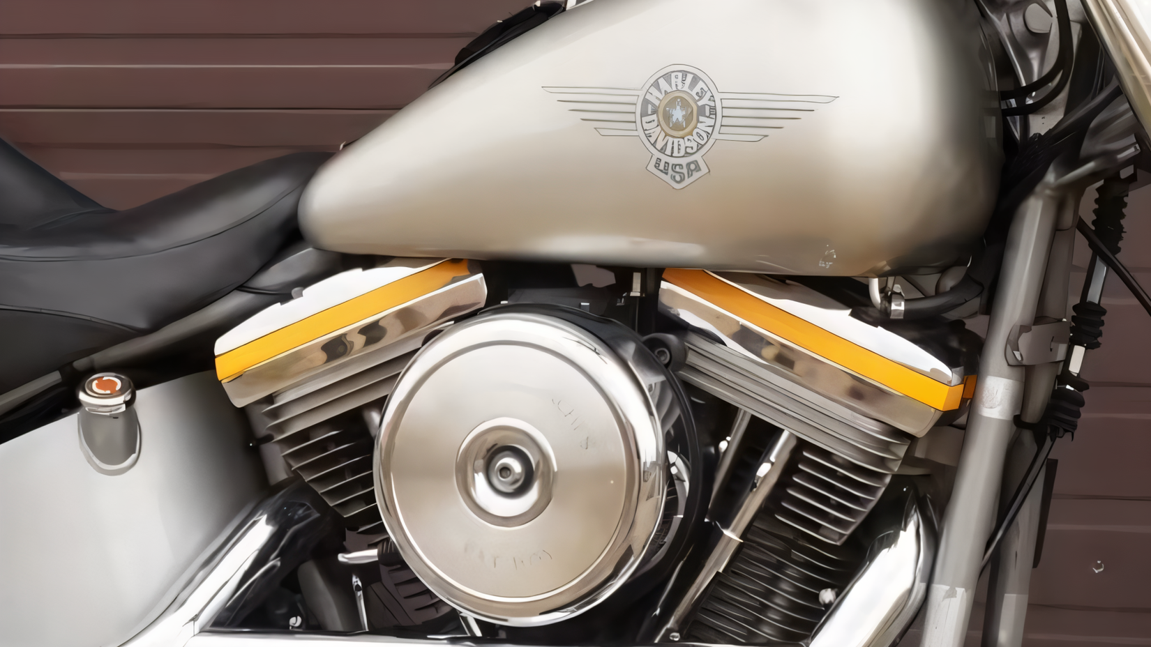 Harley-Davidson Fat Boy Grey Ghost detail engine and fuel tank close-up shot