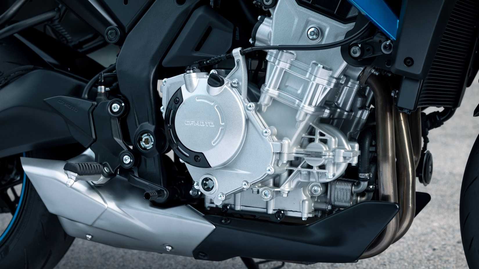 Close-up detail shot of the 2025 CFMoto 675NK engine