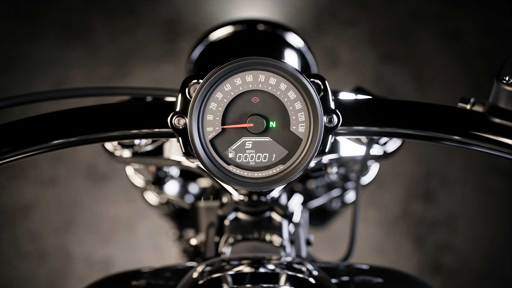 Detalhe de close-up do mostrador do instrumento Harley-Davidson Breakout 2025