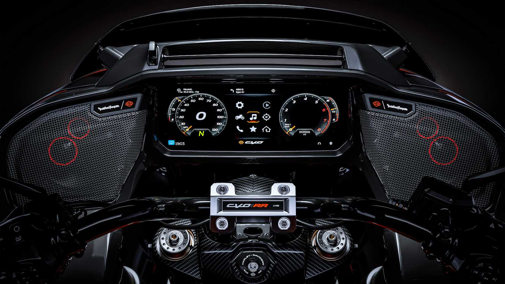     Close-up detail of the 2025 Harley-Davidson CVO Road Glide RR in the cockpit