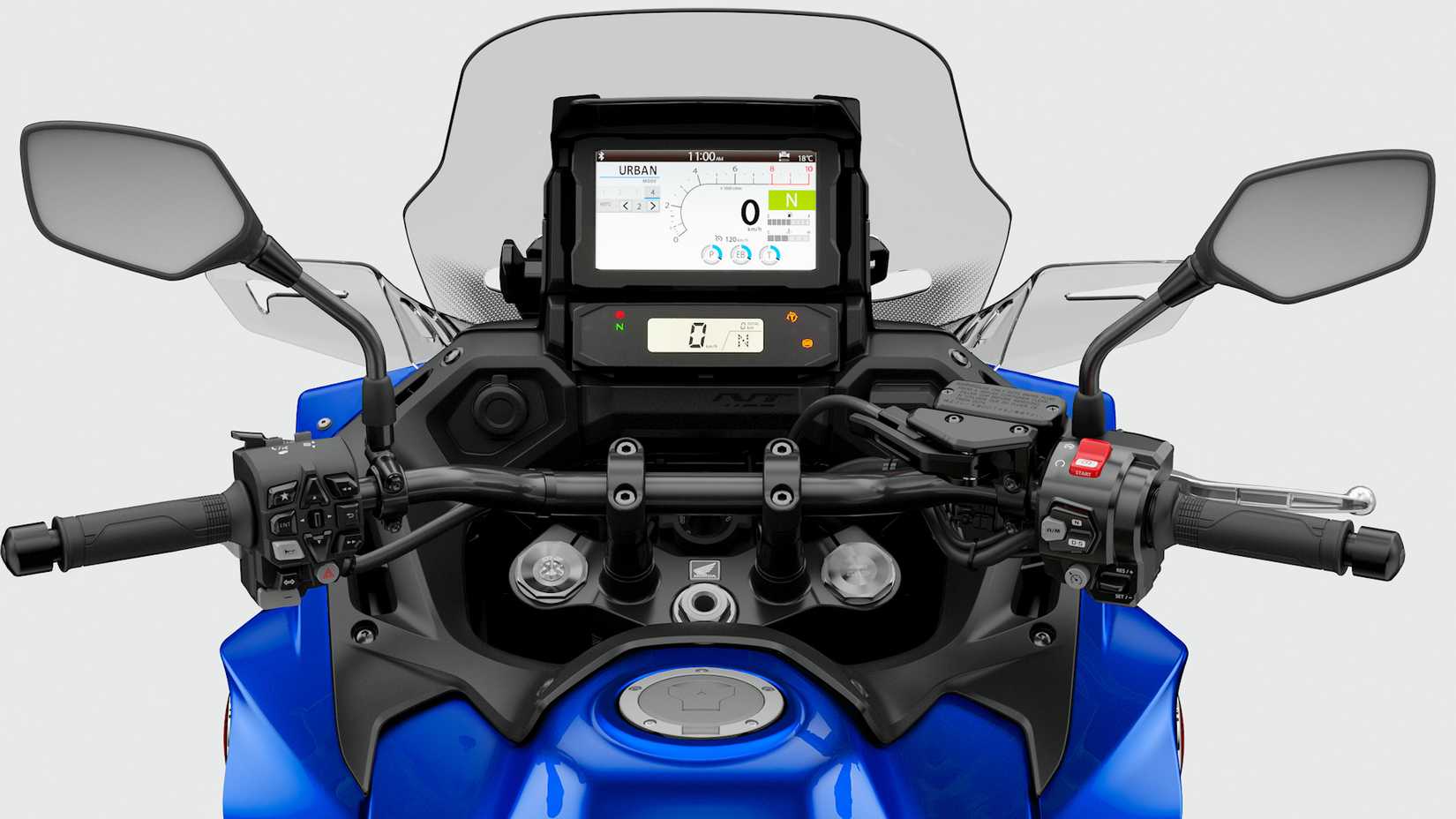 Detalhe do cockpit TFT Honda NT1100 DCT 2025 - modelo europeu mostrado