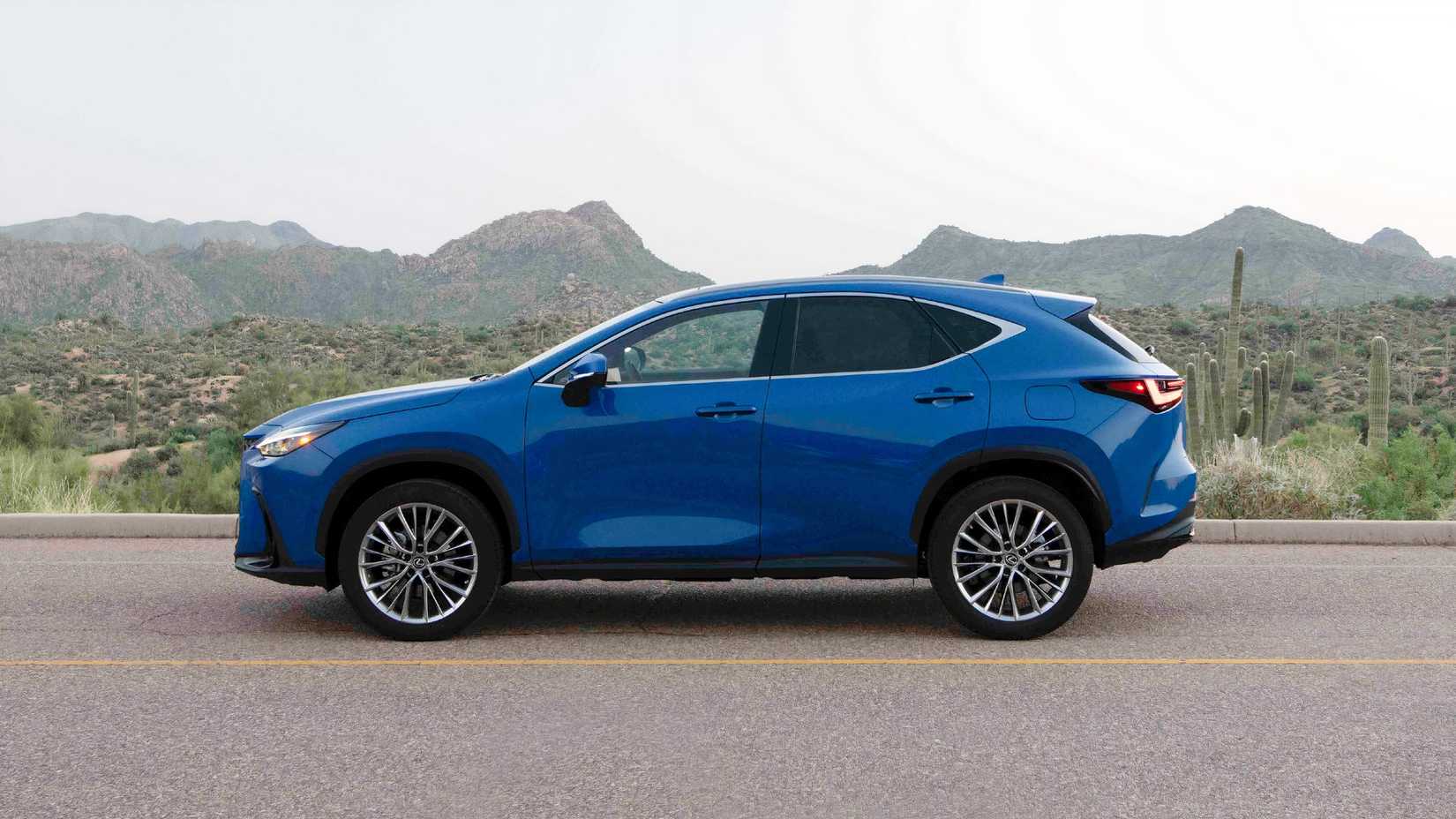 Side profile shot of a blue 2025 Lexus NX350h Luxury