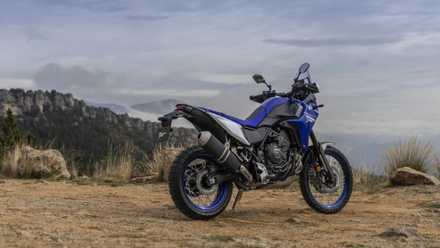 Yamaha Tenere 700 static right rear three quarter overlooking a valley