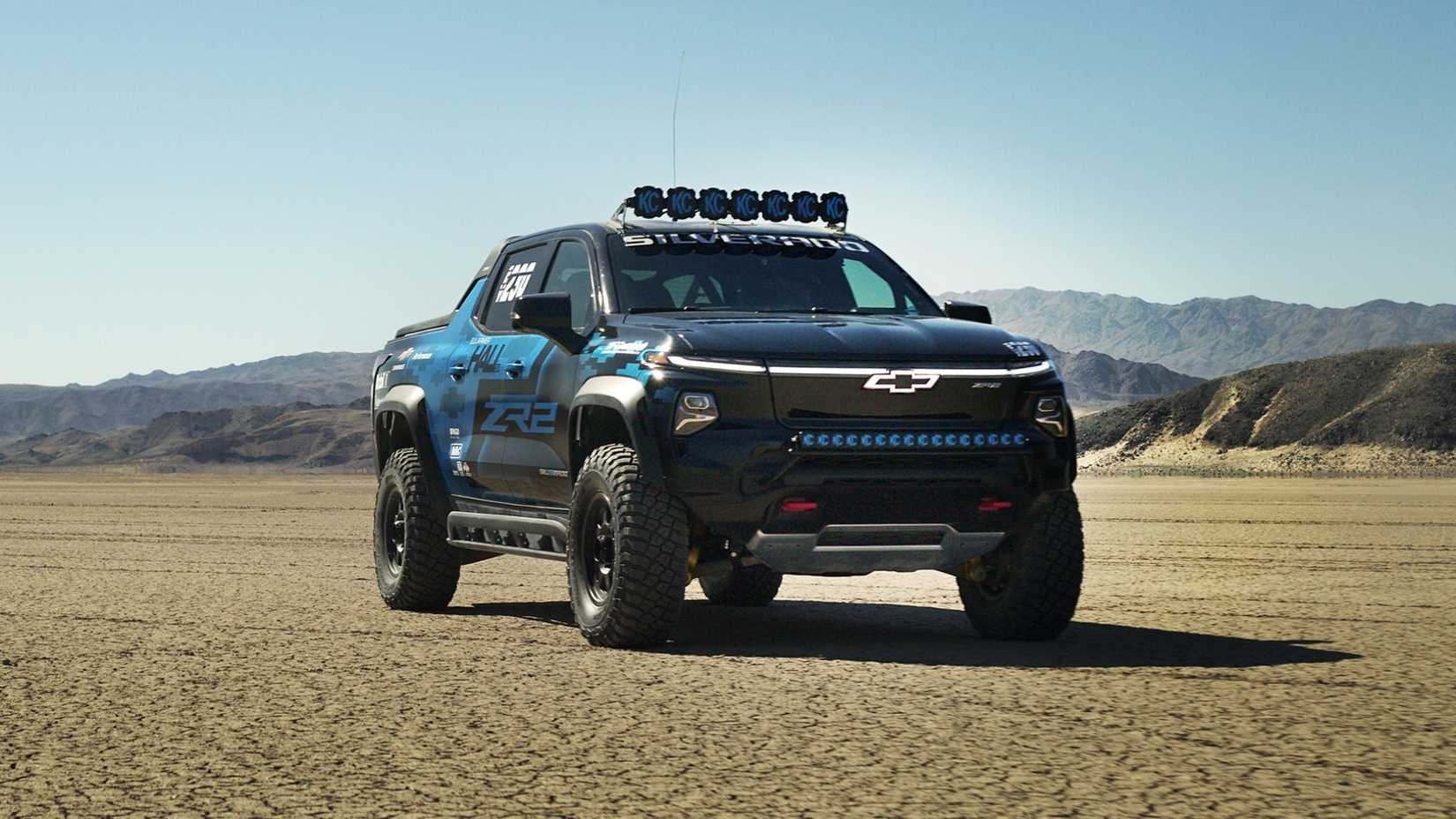 Chevrolet Silverado EV ZR2 Off-Road Race Truck Concept Front Three-Quarter Parked