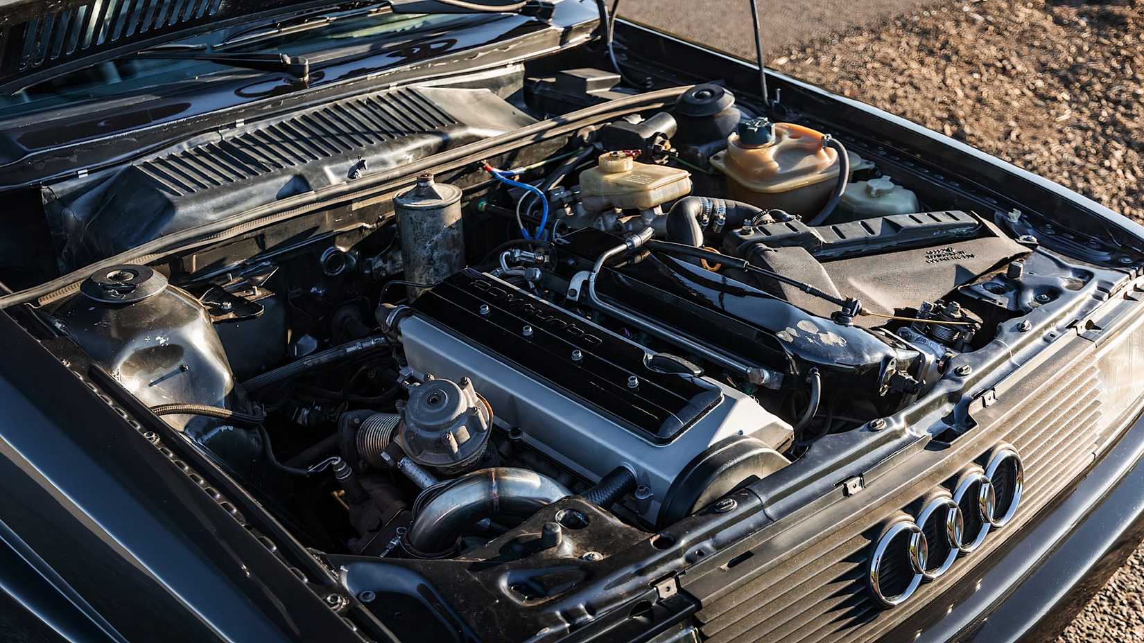 1985 Audi Quattro 20V engine bay showing turbocharged inline-five