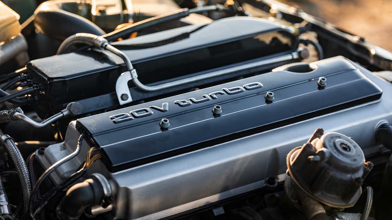 1985 Audi Quattro 20V engine bay showing turbocharged inline-five