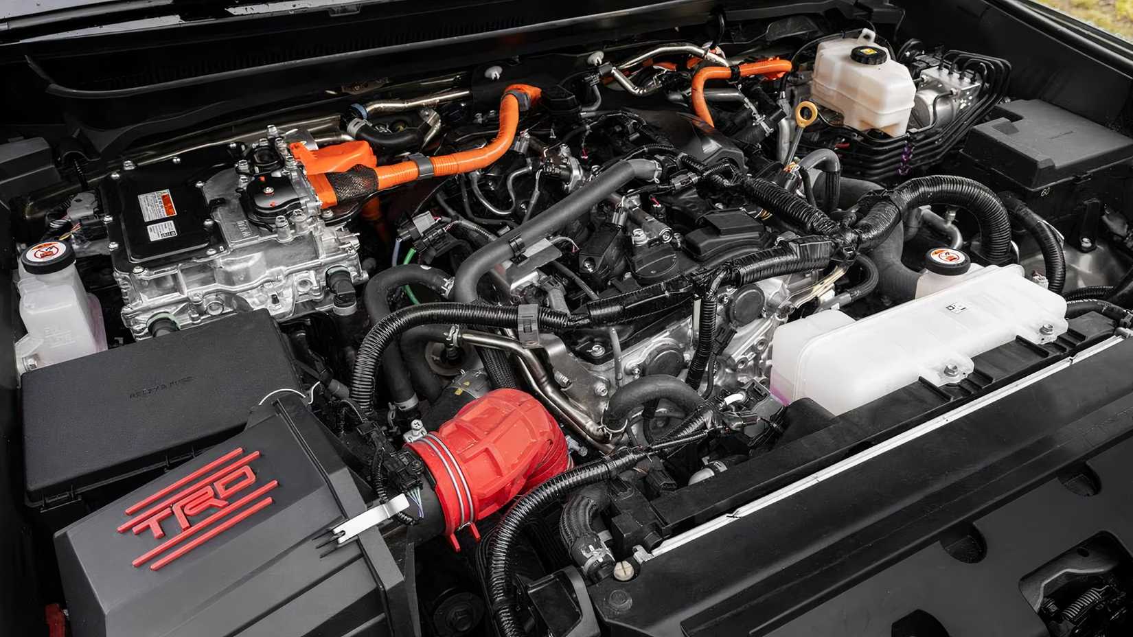 2025 Toyota Tacoma TRD engine bay showing hybrid inline-four engine