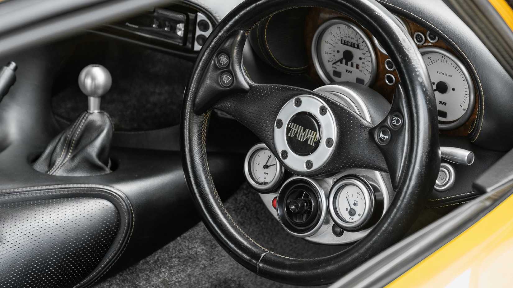1998 TVR Cerbera 4.2 interior showing steering wheel and gear shift