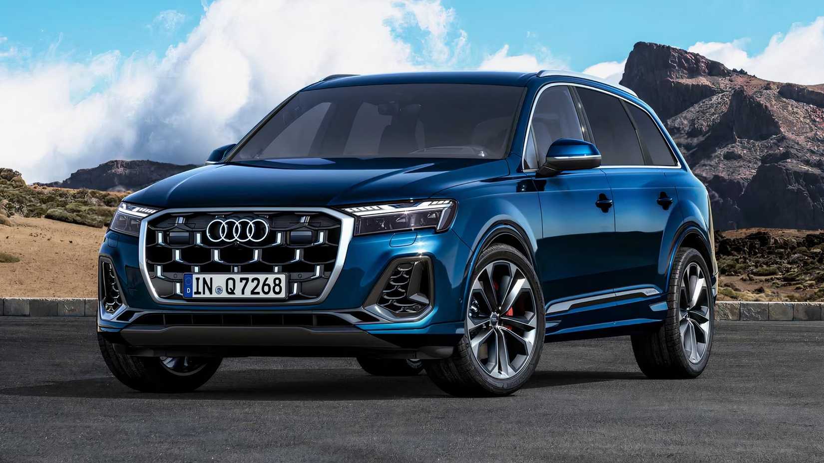 2025 Audi Q7 in blue parked in front of desert